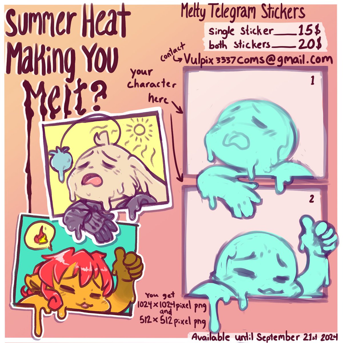 vulpix3337's tweet photo. available until September 21.
 Email me with this info if interested. Email is in the image
-sticker 1, 2, or both?
-character you want drawn?
-background color?
-small changes? Ex. speech bubble or expression 
-your paypal? (so i can send you an invoice) payment is paypal only https://t.co/EGVIJbXFk2