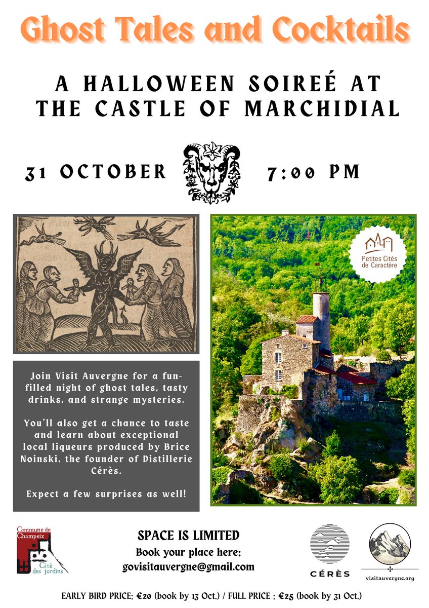 This #Halloween I’m back in Champeix 🎃

Join me and Distillerie Cérès (distillerieceres.com) for a #haunted night of #ghost tales and tasty liqueurs. We shall raise a toast to the spirits and  journey through the spookiest pages of Auvergne’s history. 

#castles #Auvergne