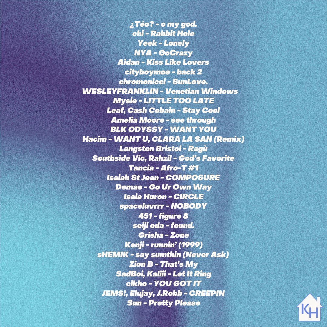 Kayvanmd's tweet photo. I just updated my Discover Monthly playlist on Spotify with 30 new finds from artists like:

¿Téo?
chi
Yeek
NYA
Aidan
cityboymoe
chromonicci
WESLEYFRANKLIN
Mysie
Leaf
Amelia Moore
BLK ODYSSEY
Hacim
Langston Bristol
Southside Vic
Tancia
+ more

Full playlist link in thread https://t.co/WkiGk3nbAj