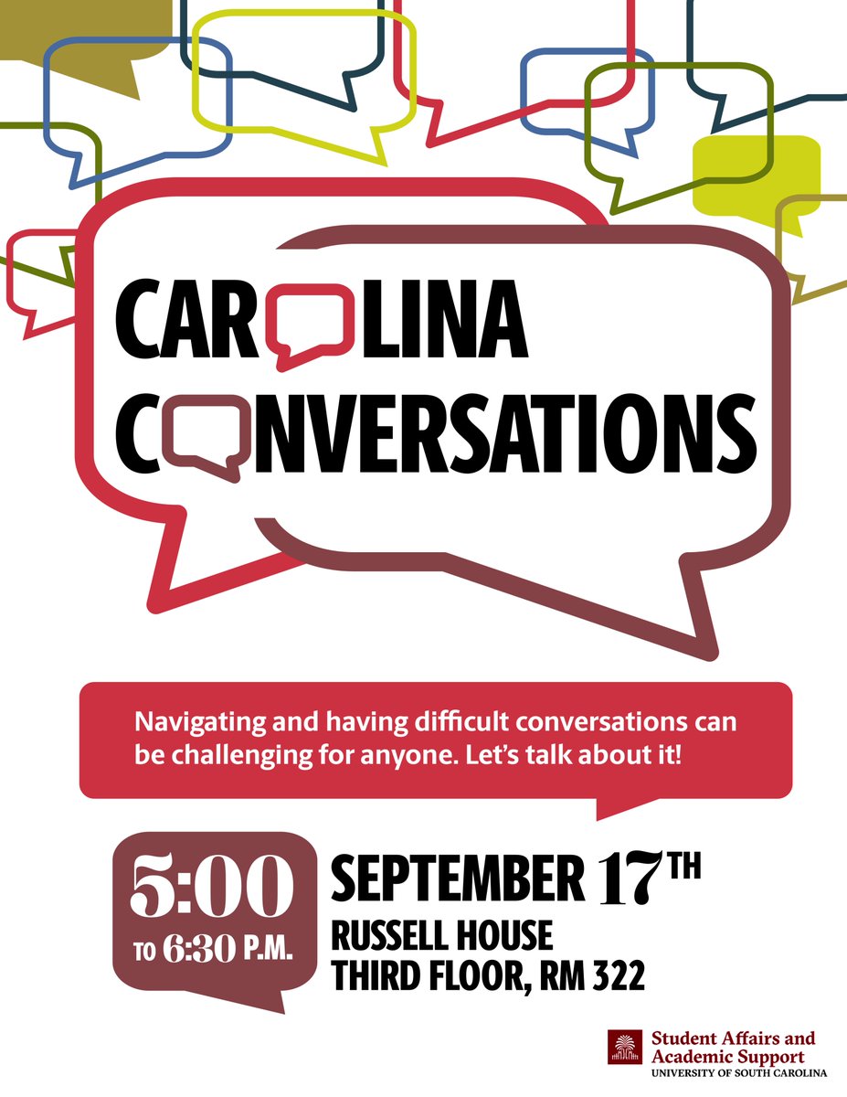 uofscgsa's tweet photo. Challenge yourself to get out of your comfort zone, grow your communication skills, and practice how to successfully navigate tricky conversations. 

#CourageousConversations #CarolinaConversations #SpeakLikeAGamecock  #DifficultDialogues #BraveCommunication #GamecockSkills https://t.co/BINuY0DpTi