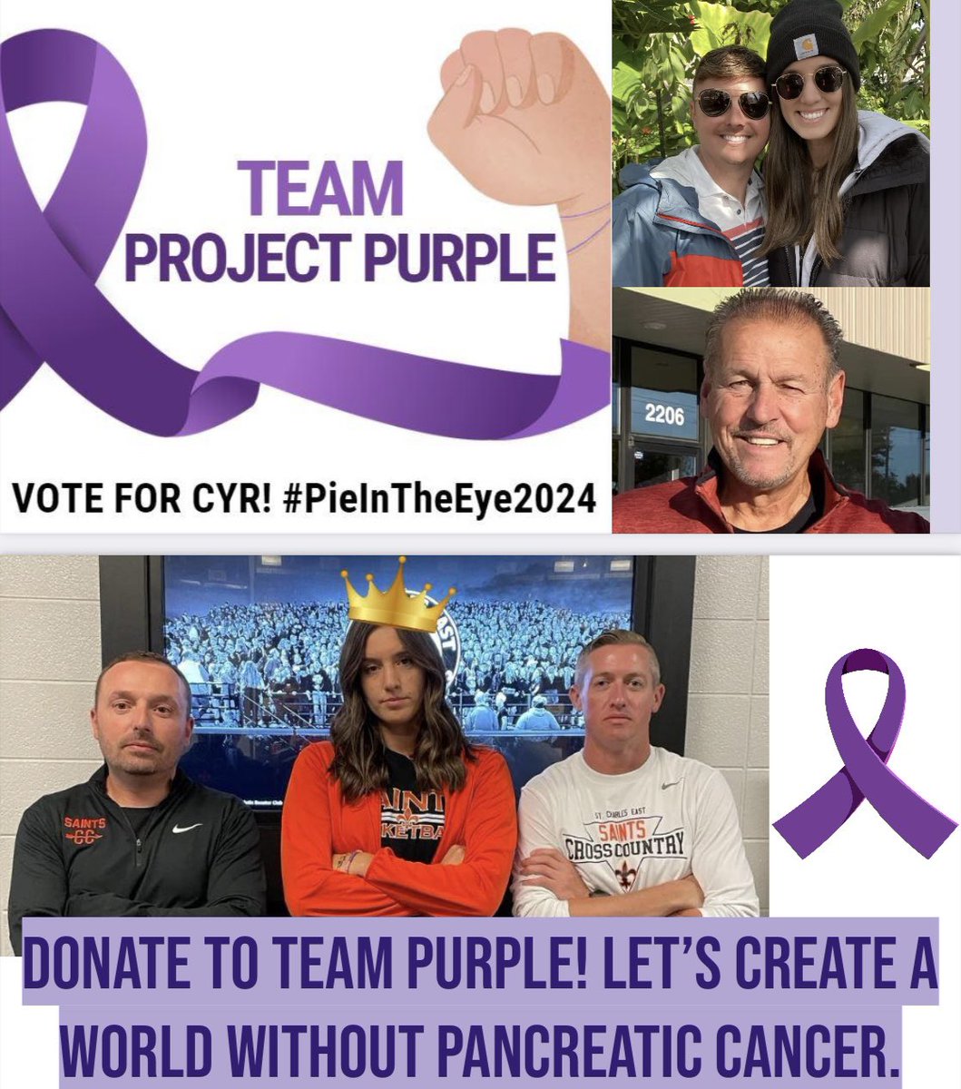 MsCyrEd's tweet photo. Thank you to all that donated to Team Purple on Day 1 of Pie in the Eye! 🟣🙌🏻 

My why for choosing Project Purple: 

We lost my cousin, James, who was like a big brother to me this June &amp; our St Charles community ALL lost fellow Saint, Mike Harland, in 2022 to pancreatic cancer. https://t.co/82wD52cdHd