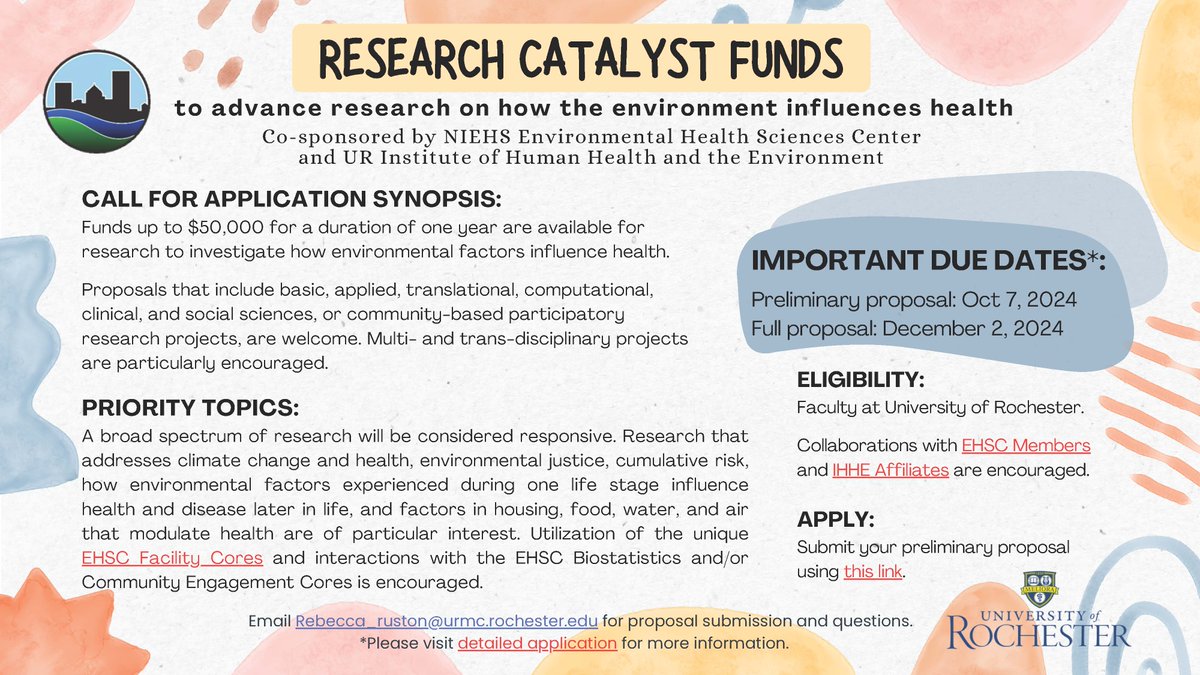 UR Institute for Human Health and the Environment (@ur_ihhe) on Twitter photo Research Catalyst Funds - up to $50k available to <a href="/UofR/">University of Rochester</a> faculty for research on how the environment influences health.
Preliminary proposals due 10/7.
🔗urmc.rochester.edu/MediaLibraries… Research Catalyst Funds - up to $50k available to <a href="/UofR/">University of Rochester</a> faculty for research on how the environment influences health.
Preliminary proposals due 10/7.
🔗urmc.rochester.edu/MediaLibraries…
