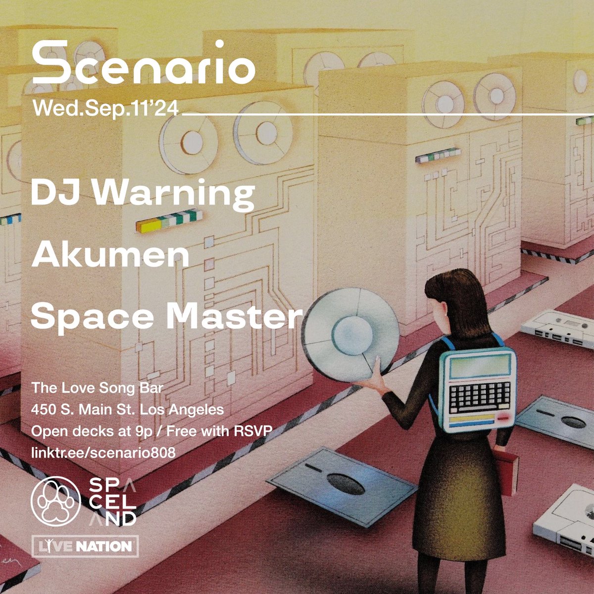 scenario808's tweet photo. This Wed 9/11: @djwaarning @akumenmusic #SpaceMaster + @daddykev at @TheLoveSongBar. Open decks at 9p. Free with RSVP. Presented by @ALPHAPUP @SpacelandLA @LiveNation 🔊✨🌊 https://t.co/2zdxWJlQMf https://t.co/BAYriNEavT