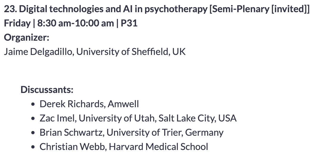 If you're at <a href="/SPRtweets/">SPR ➡️ Bluesky: @SPRtweets</a> conference later this week  come join us at our semi-plenary on Digital Technologies &amp; AI in Psychotherapy w/ Drs. Delgadillo, Imel, Schwartz, and Richards  <a href="/Schwartz_PsyRes/">Brian Schwartz</a> <a href="/pearl_sheffield/">PEARLS</a>