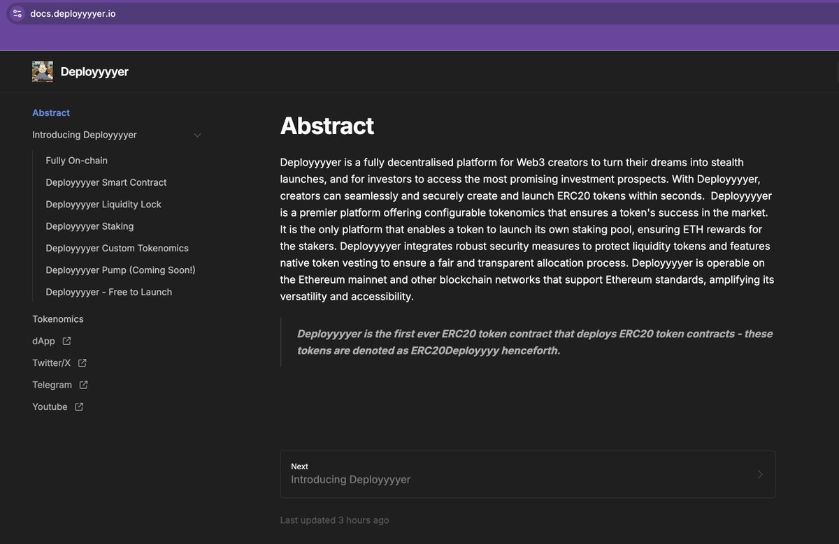 Branding from meme to blue chip is a step by step process. We just launched our initial Gitbook to the public. 

docs.deployyyyer.io

Checkout our Gitbook to learn more about Deployyyyer ecosystem! 

$DEPLOY #Deployyyyer #dApp