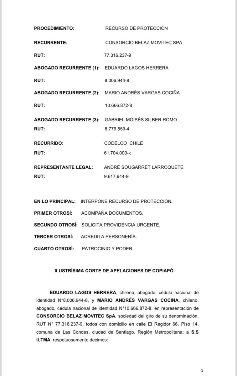 ¿Quienes son los abogados que presentaron el recurso de protección en la causa de la “muñeca Bielorrusa” en que se indaga una posible infracción ética de la Ministra Vivanco y que significó una pérdida de US 20mm a
Codelco?
Eduardo Lagos, Mario Vargas Cociña y Gabriel Silber.👇🏽
