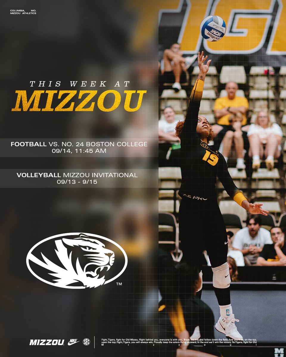 Mizzou Athletics (@mizzouathletics) on Twitter photo .<a href="/MizzouVB/">Mizzou Volleyball</a> is back at Hearnes Center this week while <a href="/MizzouFootball/">Mizzou Football</a> welcomes No. 24 Boston College on Saturday 👀
#MIZ 🐯 .<a href="/MizzouVB/">Mizzou Volleyball</a> is back at Hearnes Center this week while <a href="/MizzouFootball/">Mizzou Football</a> welcomes No. 24 Boston College on Saturday 👀
#MIZ 🐯