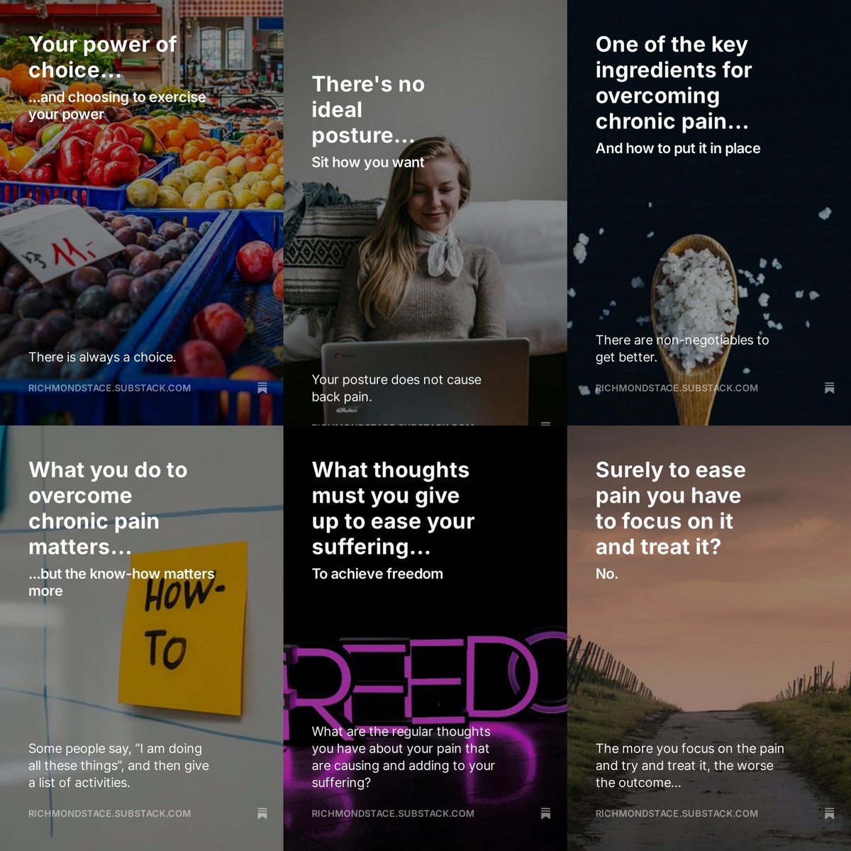 Over 260 posts to check out!

To help you understand and overcome chronic pain. 

Sign up to receive the daily emails. 

open.substack.com/pub/richmondst…

#chronicpain #thepaincoach 

<a href="/PainChampions/">Chronic Pain Champions</a> <a href="/PatientBps/">The Patient Voice of The BPS</a> <a href="/BNightsCRPS/">Burning Nights CRPS</a> <a href="/CRPSUK/">CRPS UK</a> <a href="/loulouscorpio/">Louise Trewern 🇬🇧</a> <a href="/FestivalPain/">Footsteps Festival</a>