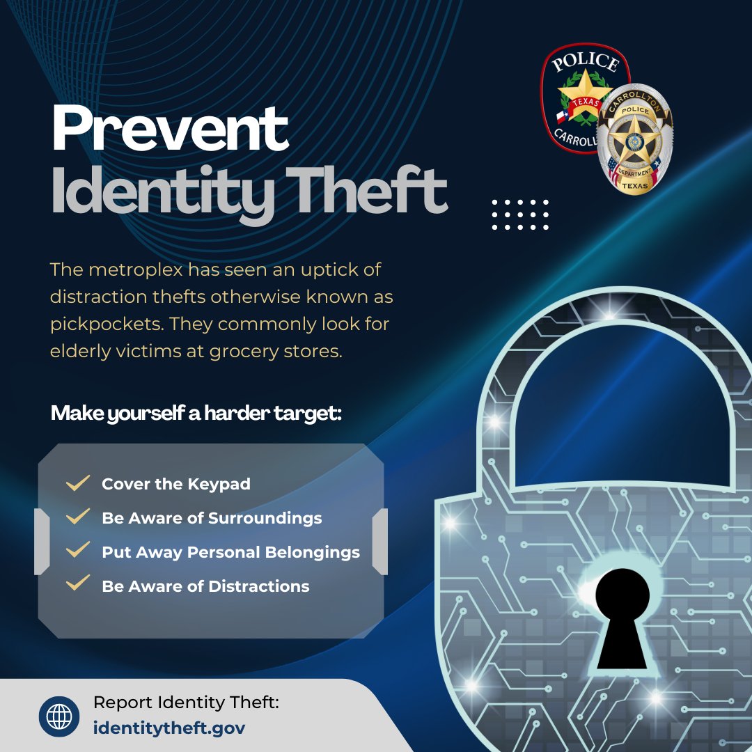 CarrolltonTXPD's tweet image. PREVENT IDENTITY THEFT

The metroplex has seen an uptick of distraction thefts otherwise known as pickpockets. 

For more information or to report an identity theft, please visit identitytheft.gov. 

#CarrolltonTX #CarrolltonTXPD #IdentityTheft