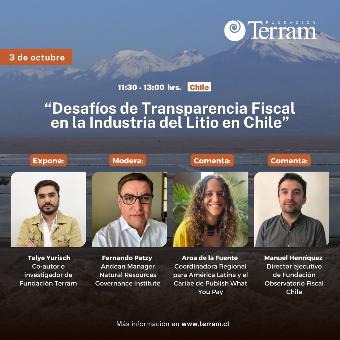 💻🌍¡Conéctate al ciclo de webinar de Fundación Terram!  

Los días 26/9 y 3/10 presentaremos dos estudios realizados por nuestros investigadores sobre la transparencia y nivel de corrupción en la industria letífera chilena.  

🔗Más información aquí: shorturl.at/vl7pT