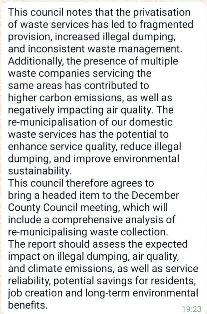 Disappointing to see motion agreeing to prepare an analysis on remunicipalisation of waste services voted down by councillors this evening. The motion, supporting one of the aims of the <a href="/forsa_union_ie/">Fórsa trade union</a> More Power To You campaign, was supported by <a href="/PBPDL/">People Before Profit Dún Laoghaire</a>, <a href="/SocDemsDL/">Social Democrats Dun Laoghaire</a> <a href="/LabourDunL/">Labour Dún Laoghaire 🚩</a>