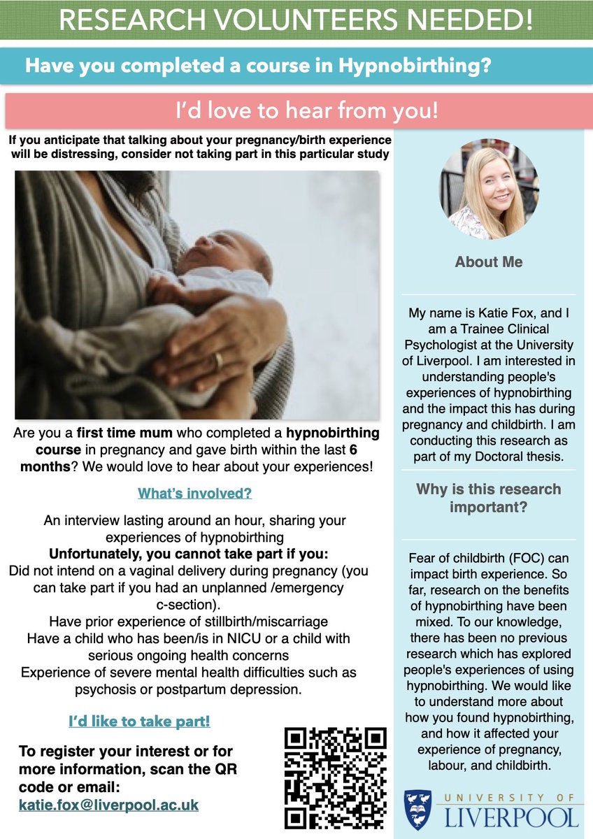 I am still recruiting for my research study, exploring experiences of hypnobirthing during pregnancy and childbirth ✨

Shares would be much appreciated! 

Please click the link below if you are interested in taking part! 🙂

livpsych.eu.qualtrics.com/jfe/form/SV_7U…

#dclinpsy #hypnobirthing