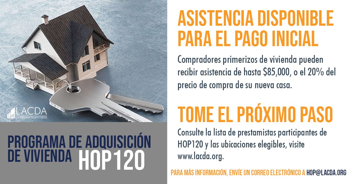 LACDevAuthority's tweet photo. Your first home is in reach! The #LACDA’s Home Ownership Program (#HOP120) provides you the resources you need to take the next step with a second mortgage loan for first-time homebuyers of up to $85,000, or 20% of the purchase price. For details, visit https://t.co/QlctUeXyX0. https://t.co/26B3AXFc9I
