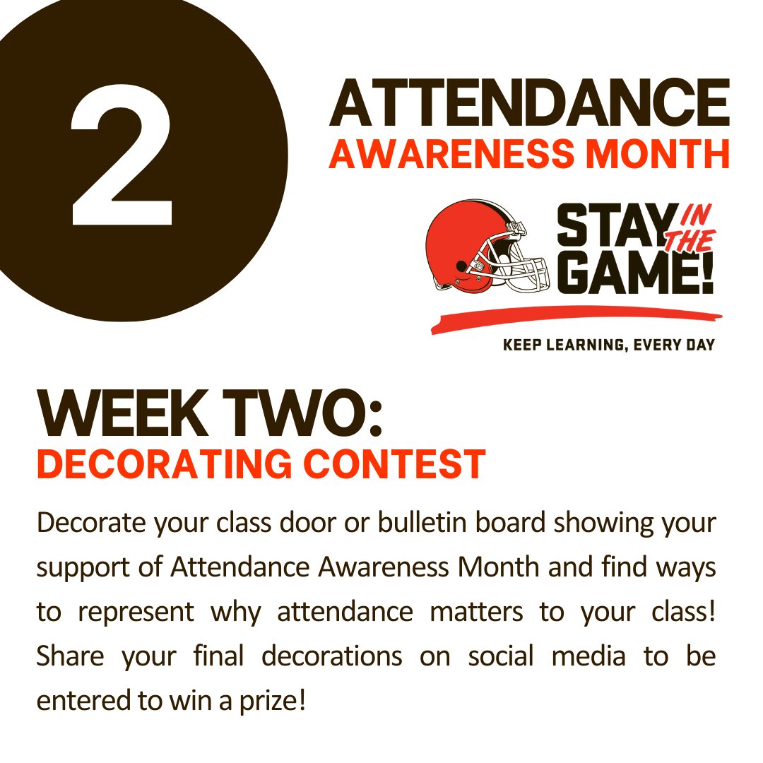 Stay in the Game! Attendance Network (@sitg_browns) on Twitter photo ‼️ ATTENDANCE AWARENESS MONTH - WEEK TWO ‼️
The decorating contest is HERE! Show off your creative skills by creating a Stay in the Game! and Browns themed door or bulletin board! A winner will be chosen so remember to tag <a href="/SITG_Browns/">Stay in the Game! Attendance Network</a> and use the hashtags #StayInTheGame ‼️ ATTENDANCE AWARENESS MONTH - WEEK TWO ‼️
The decorating contest is HERE! Show off your creative skills by creating a Stay in the Game! and Browns themed door or bulletin board! A winner will be chosen so remember to tag <a href="/SITG_Browns/">Stay in the Game! Attendance Network</a> and use the hashtags #StayInTheGame