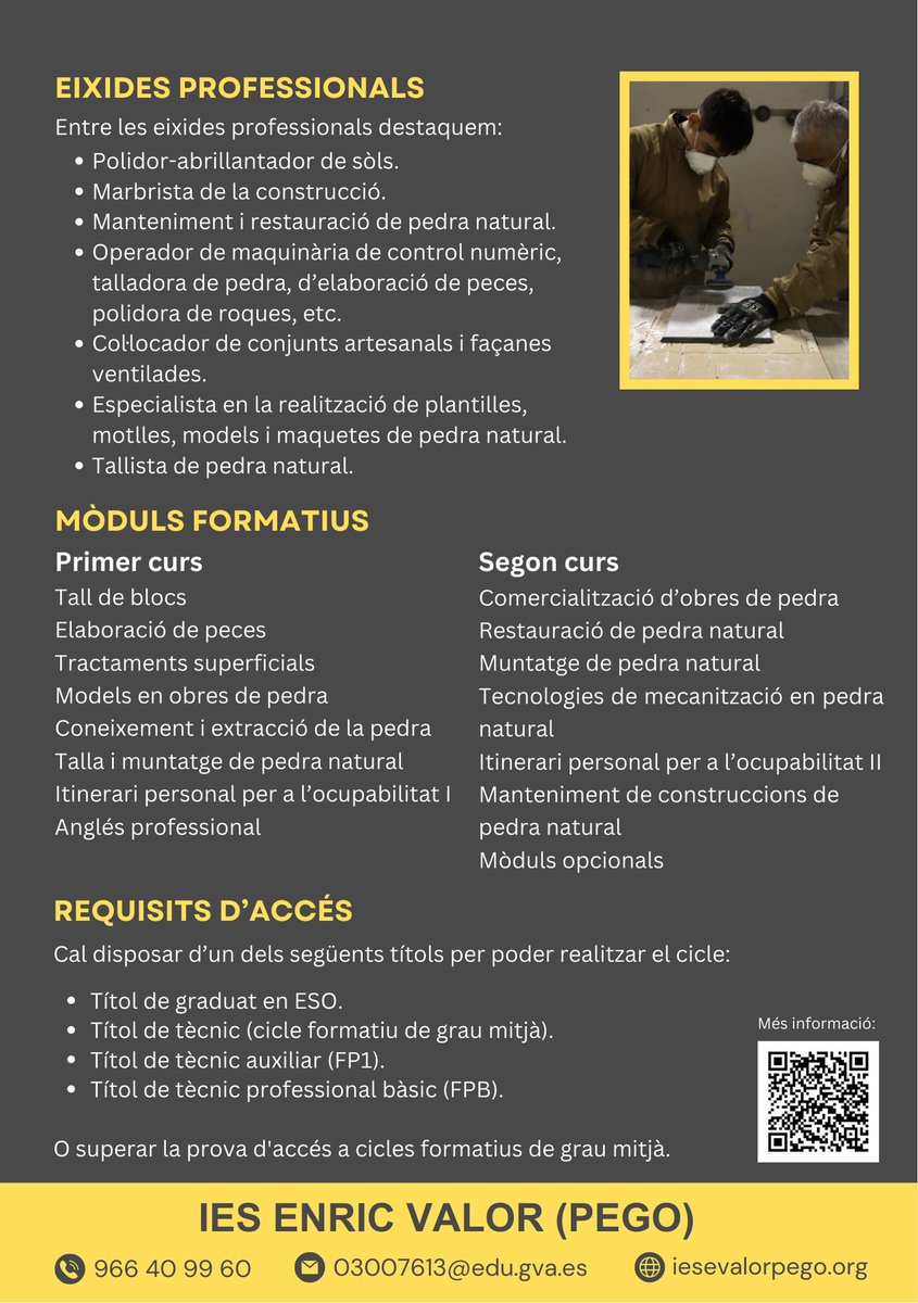 📢 Places disponibles per al cicle de tècnic en Pedra Natural. Matrícula oberta fins al 8 d'octubre.

#FP