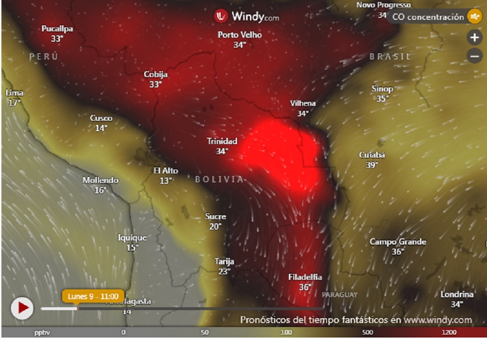 #Ahora La concentración actual de monóxido de carbono (CO) en gran parte del territorio de #Bolivia. Foto: Windy