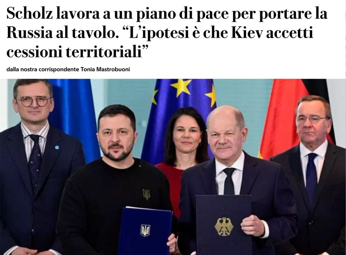 All of them will finally come to their senses…

🇩🇪🇺🇦 German Chancellor Scholz is working on a peace plan with territorial concessions for Ukraine.

The Italian publication La Repubblica also reports that the plan may include territorial concessions from Ukraine and “does not
