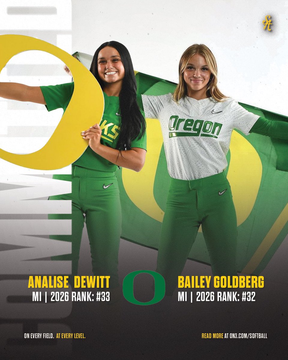 SoftbalAmerica's tweet photo. 𝘿𝙤𝙪𝙗𝙡𝙚 𝘿𝙪𝙘𝙠𝙨 🤝

Oregon earned the commits from two Top 50 infielders in No. 32 @BGoldberg2026 and No. 33 @dewitt2026 👏

Read More 🔗 https://t.co/lkD5uicZL9

@OregonSB | #SoftballAmerica https://t.co/ROa8qfnmDu