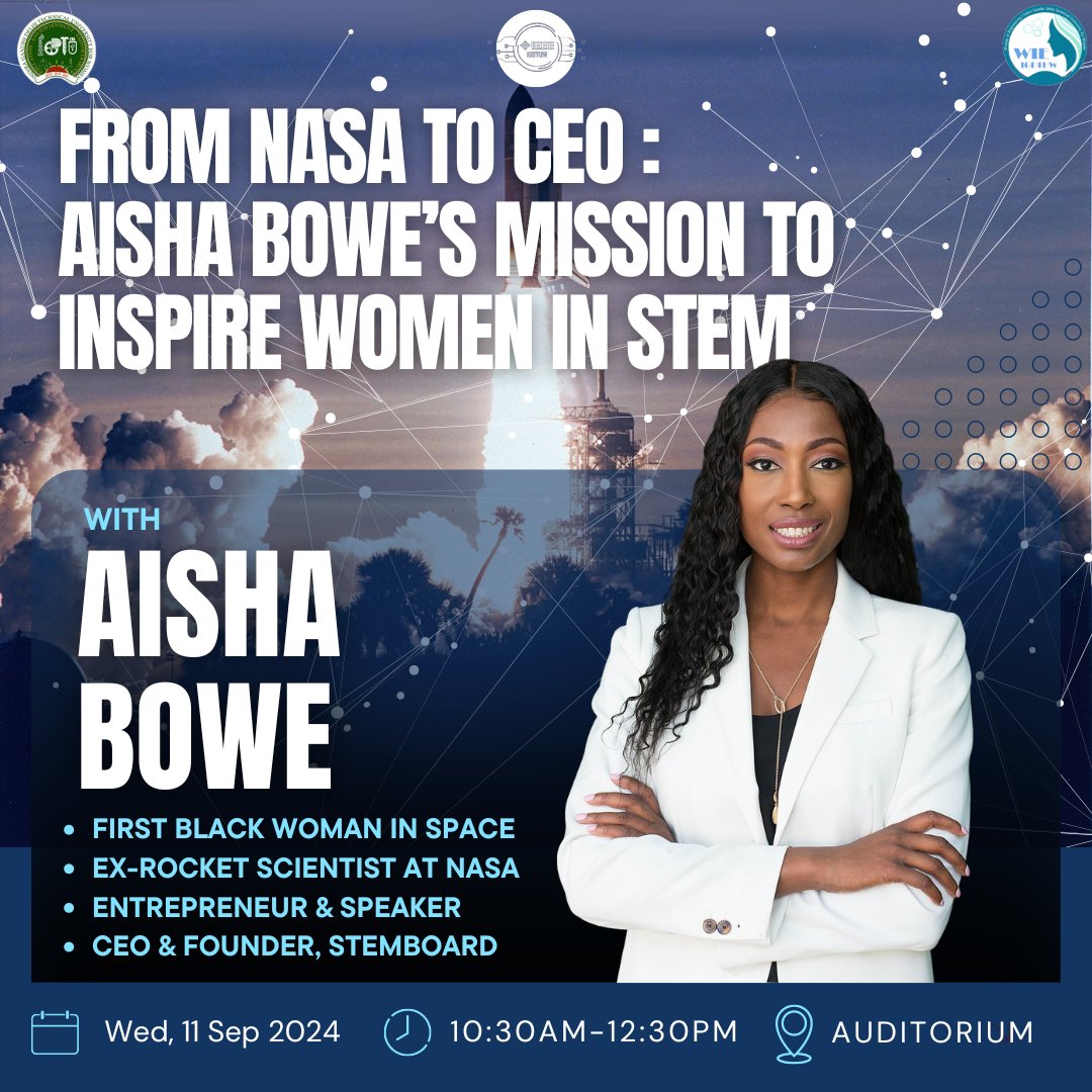 ieeeigdtuw's tweet photo. 🚀 Did you hear? 

The IEEE IGDTUW orientation is on 11th Sept, 10:30 AM! 🎉 And the cherry on top? 🍒 We have AISHA BOWE, former NASA rocket scientist &amp; entrepreneur, as our guest speaker! 

Don't miss learning &amp; networking opportunity!✨

#WomenInTech #IEEEIGDTUW #STEM #Tech https://t.co/SZ20jHOANq