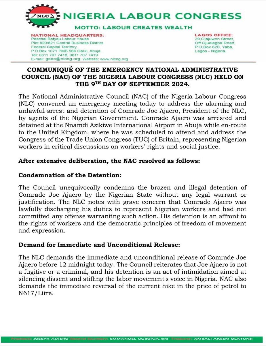 NLCHeadquarters's tweet photo. COMMUNIQUÉ OF THE EMERGENCY NATIONAL ADMINISTRATIVE 
COUNCIL (NAC) OF THE NIGERIA LABOUR CONGRESS (NLC) HELD ON 
THE 9TH DAY OF SEPTEMBER 2024 https://t.co/jyndX60lg2