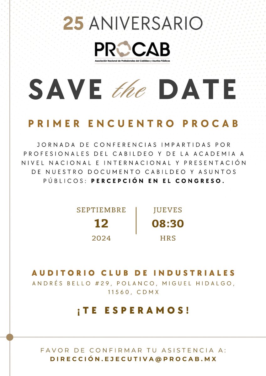 Te invitamos al Primer Encuentro PROCAB el 12 de septiembre a las 08:30 Hrs. Asiste a conferencias de expertos nacionales e internacionales. Además, presentaremos nuestro documento "Percepción en el Congreso". 
¡No te lo pierdas!