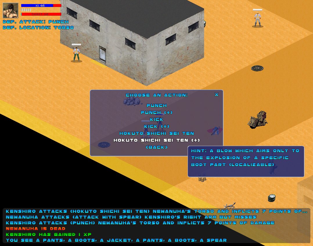 roguetemple's tweet photo. Roguebasin new featured roguelike is... Hokuto no Rogue! A free graphical roguelike set in the world of Hokuto no Ken (a.k.a. Fist of the North Star). A great adaptation to traditional #roguelike gameplay. It was recently updated after a long time! https://t.co/lNCGDLUHch https://t.co/9qWh67Xulh
