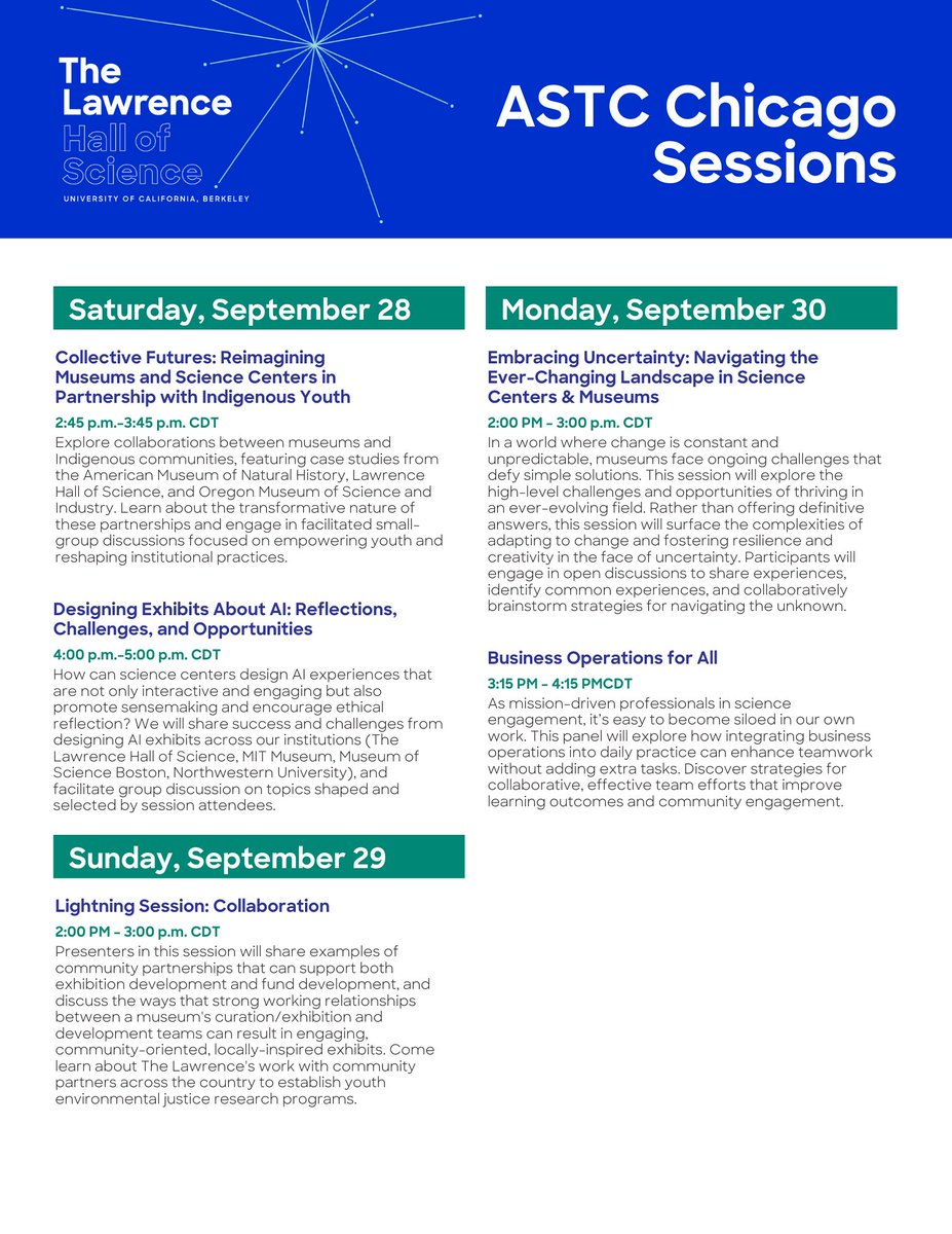 lawrencehallsci's tweet image. We are thrilled to be speaking at the upcoming Association of Science and Technology Centers Conference beginning September 28! Check out the exciting lineup of sessions we’ll be participating in below. 

We can&apos;t wait to see you there! #ASTC2024