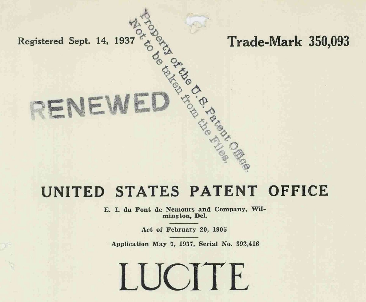 BeelineLegalNYC's tweet photo. Next up in the #HowOldAmI series:
Lucite® brand acrylic burst onto the scene and was soon used for everything from aircraft windows to coffee tables.
The date in the image tells you when it was registered. Can you guess when it was first used in the U.S.?
#trademarks https://t.co/2Uof5bfbdO