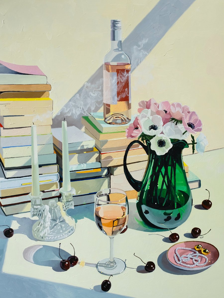 18 x 24 inches, oil on wood 🕯️💐🍷📚🍒