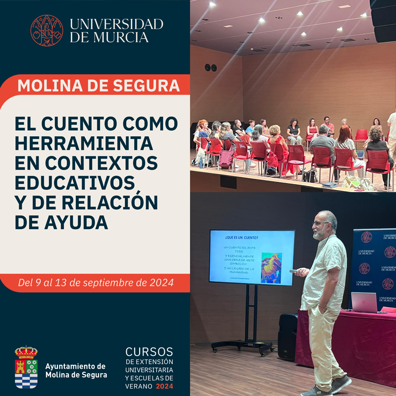 #CursosUMU
Comienza en el #Mudem de <a href="/AytMolinaSegura/">Ayuntamiento de Molina Segura</a> el curso "El cuento como herramienta en contactos educativos y relación de ayuda", con Conferencia inaugural: Los cuentos, mapas de sanación, por <a href="/Cuentoterapeuta/">Lorenzo Hernandez P</a>, Psicólogo. Presidente de la Asoc. Española de <a href="/Cuentoterapia/">Cuentoterapia</a>