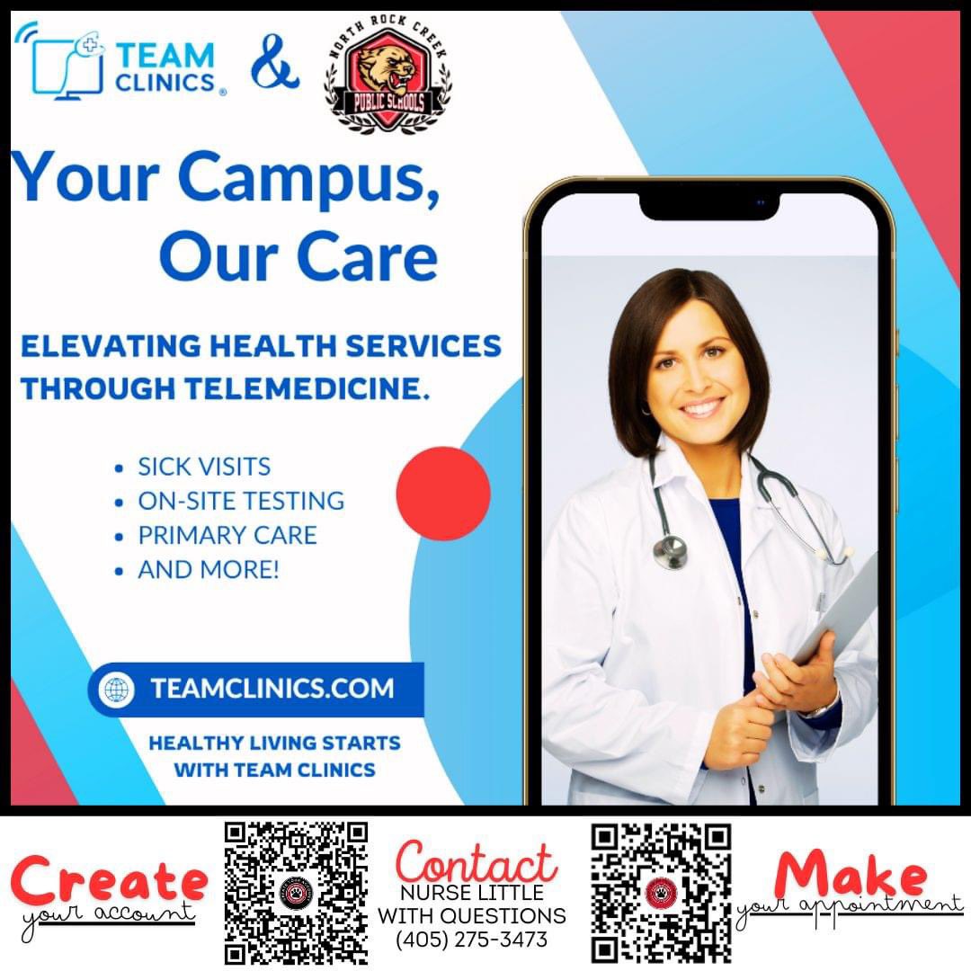 See this flyer for Team Clinics information. 

Create Your Account → 
go.teamclinics.com/register?org=n…

Make Your Appointment → go.teamclinics.com/Account/Login