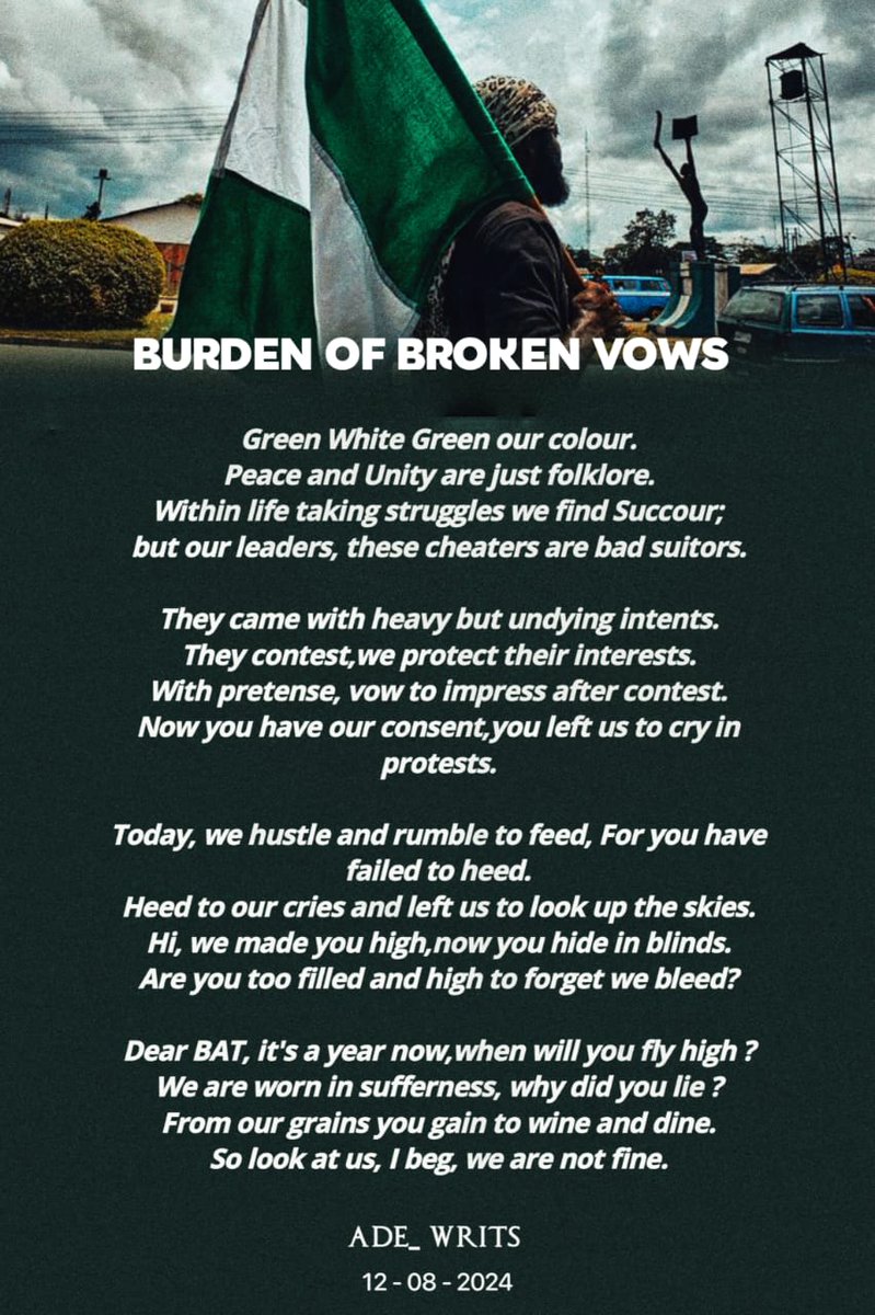Kolijay99's tweet image. A Letter from the bitter mind of one of many common Nigerians...

Dear BAT, It is a year now. When will you fly ?🙎
We are worn in Sufferness,why did you lie ?🤦
From our grains you gain to wain and dine.😔
So Look at us,I beg, We are not fine😔

Please engage,spread the word🙏❤️