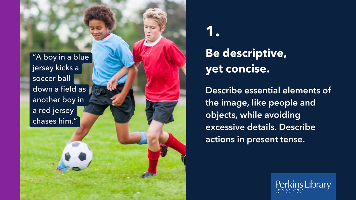 PerkinsLibrary's tweet image. #AltText and #ImageDescriptions ensure that everyone regardless of their visual ability can understand the visual content on your social media, websites and more. When writing them, include relevant colors, expressions, and body language, but don&apos;t forget to keep it concise.