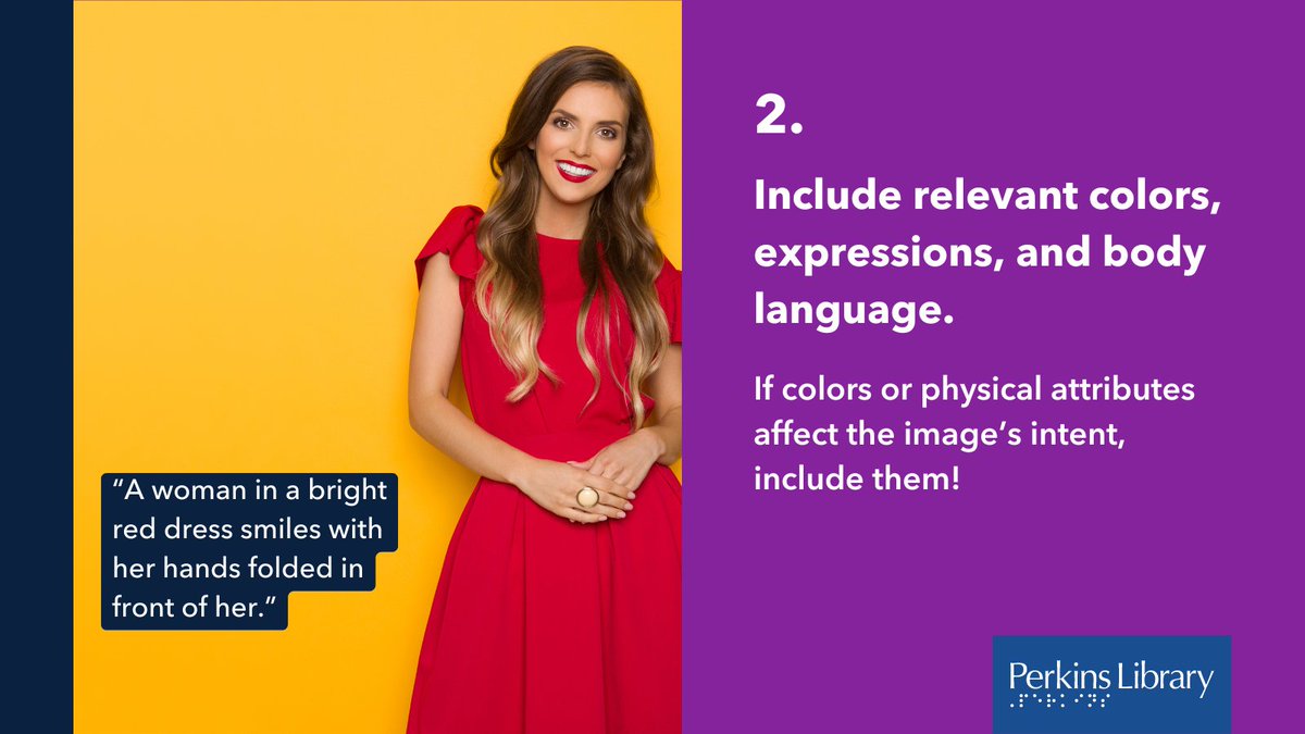PerkinsLibrary's tweet image. #AltText and #ImageDescriptions ensure that everyone regardless of their visual ability can understand the visual content on your social media, websites and more. When writing them, include relevant colors, expressions, and body language, but don&apos;t forget to keep it concise.