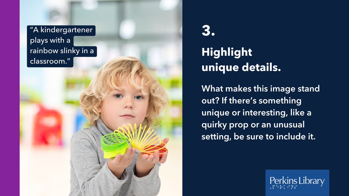 PerkinsLibrary's tweet image. #AltText and #ImageDescriptions ensure that everyone regardless of their visual ability can understand the visual content on your social media, websites and more. When writing them, include relevant colors, expressions, and body language, but don&apos;t forget to keep it concise.