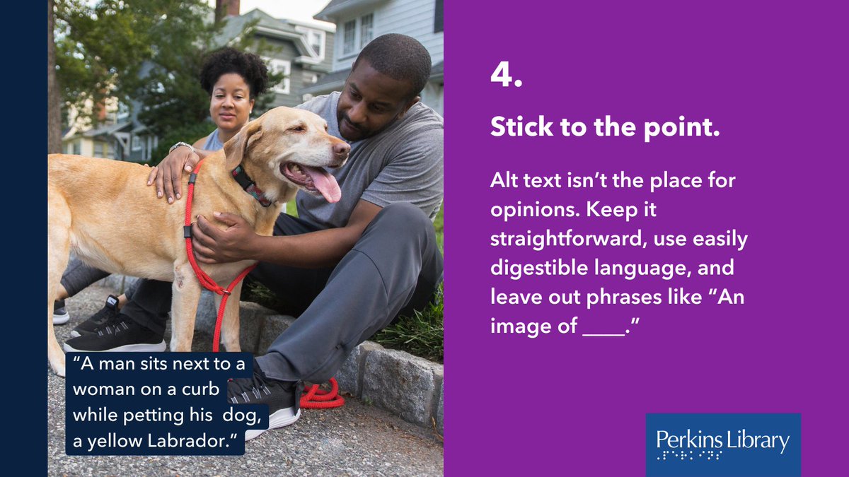 PerkinsLibrary's tweet image. #AltText and #ImageDescriptions ensure that everyone regardless of their visual ability can understand the visual content on your social media, websites and more. When writing them, include relevant colors, expressions, and body language, but don&apos;t forget to keep it concise.