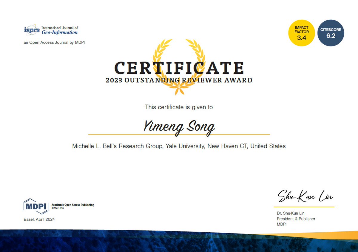 🎉 Thrilled to receive the 2023 Outstanding Reviewer Award from the ISPRS International Journal of Geo-Information! It's an honor to contribute to advancing research in GeoAI and geoinformation data science. Many thanks to  <a href="/MDPIOpenAccess/">MDPI</a> and my amazing colleagues at Yale!