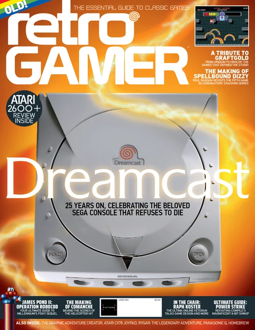 The cover of Retro Gamer issue 254, featuring a Dreamcast on an orange background, surrounded by a swirl of orange electricity.