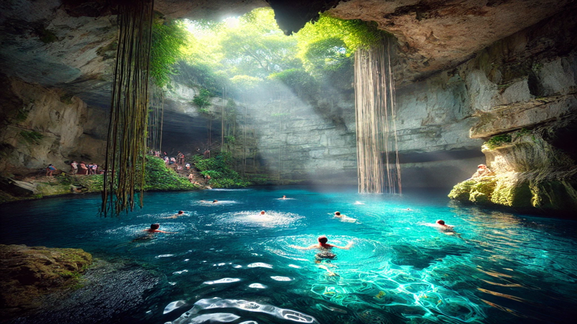 السباحة في كهف سنوتي  في المكسيك 🇲🇽🏊‍♀️:
استمتع بالسباحة في كهف سنوتي المقدس في المكسيك، وهو بركة مياه طبيعية تقع تحت الأرض وسط المناظر الطبيعية الفريدة.