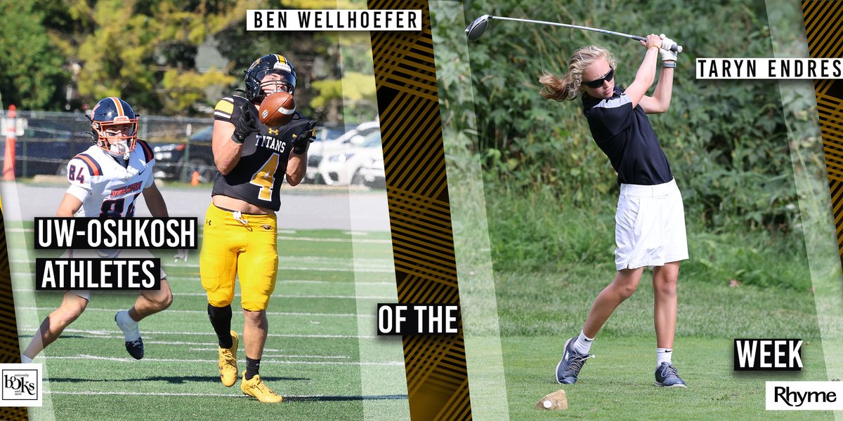 UW-Oshkosh Athletics (@uwoshkoshtitans) on Twitter photo ✨Your Titan Athletes of the Week are Ben Wellhoefer (<a href="/UWOFootball/">UW-Oshkosh Football</a>) and Taryn Endres (<a href="/UWOGolf/">UW-Oshkosh Golf</a>)!✨
Titan #AOTW is sponsored by <a href="/Rhyme_Biz/">Rhyme Biz</a> and <a href="/UWOshkoshBooks/">University Books & More</a>
#GoldStandard ✨Your Titan Athletes of the Week are Ben Wellhoefer (<a href="/UWOFootball/">UW-Oshkosh Football</a>) and Taryn Endres (<a href="/UWOGolf/">UW-Oshkosh Golf</a>)!✨
Titan #AOTW is sponsored by <a href="/Rhyme_Biz/">Rhyme Biz</a> and <a href="/UWOshkoshBooks/">University Books & More</a>
#GoldStandard