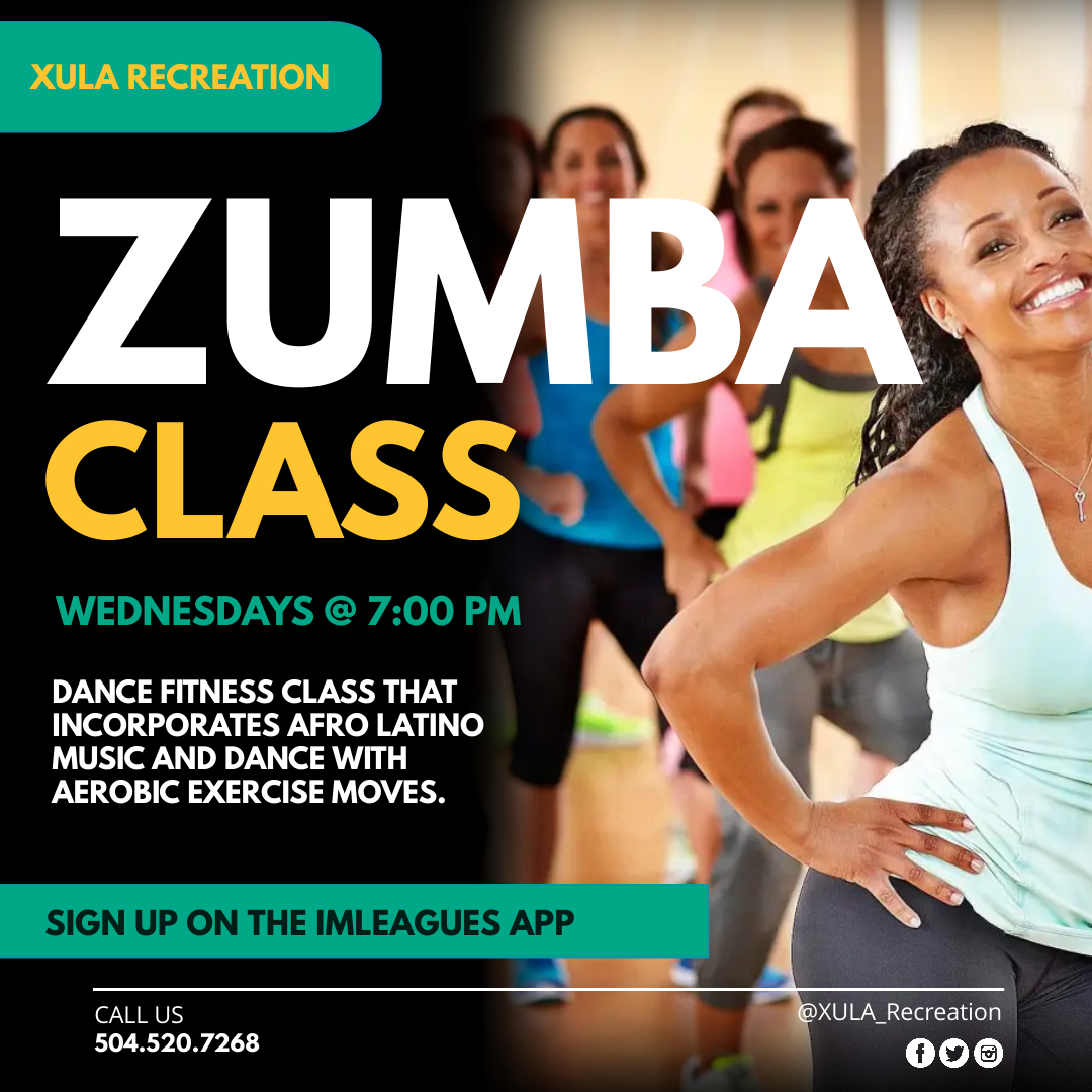 XULA_Recreation's tweet photo. Zumba!

Every Wednesday at 7:00PM

Dance Fitness Class that incorporates Afro-Latino music and dance with aerobic exercise moves!

Spots unlimited! https://t.co/oJG1IOCWZY