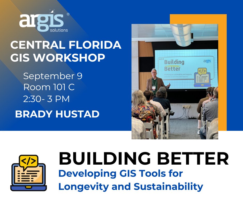 ArgisSolutions's tweet image. Today at the @CFGIS_Workshop in Daytona Beach, FL, Argis Solutions CEO Brady Hustad will be presenting on how to create a #GIS development framework with sustainability and longevity at the forefront. 
 
If you are attending, we&apos;d love to connect!  

#GISdevelopment