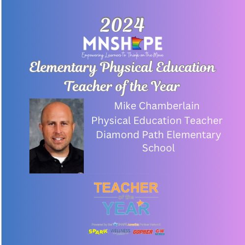 Award announcement Monday‼️

Congratulations to Mike Chamberlain from Diamond Path Elementary School for being selected as the 2024 MNSHAPE Elementary #PhysEd Teacher of the Year! 

Our awardees will be officially recognized during the general session at our conference on Nov. 4.