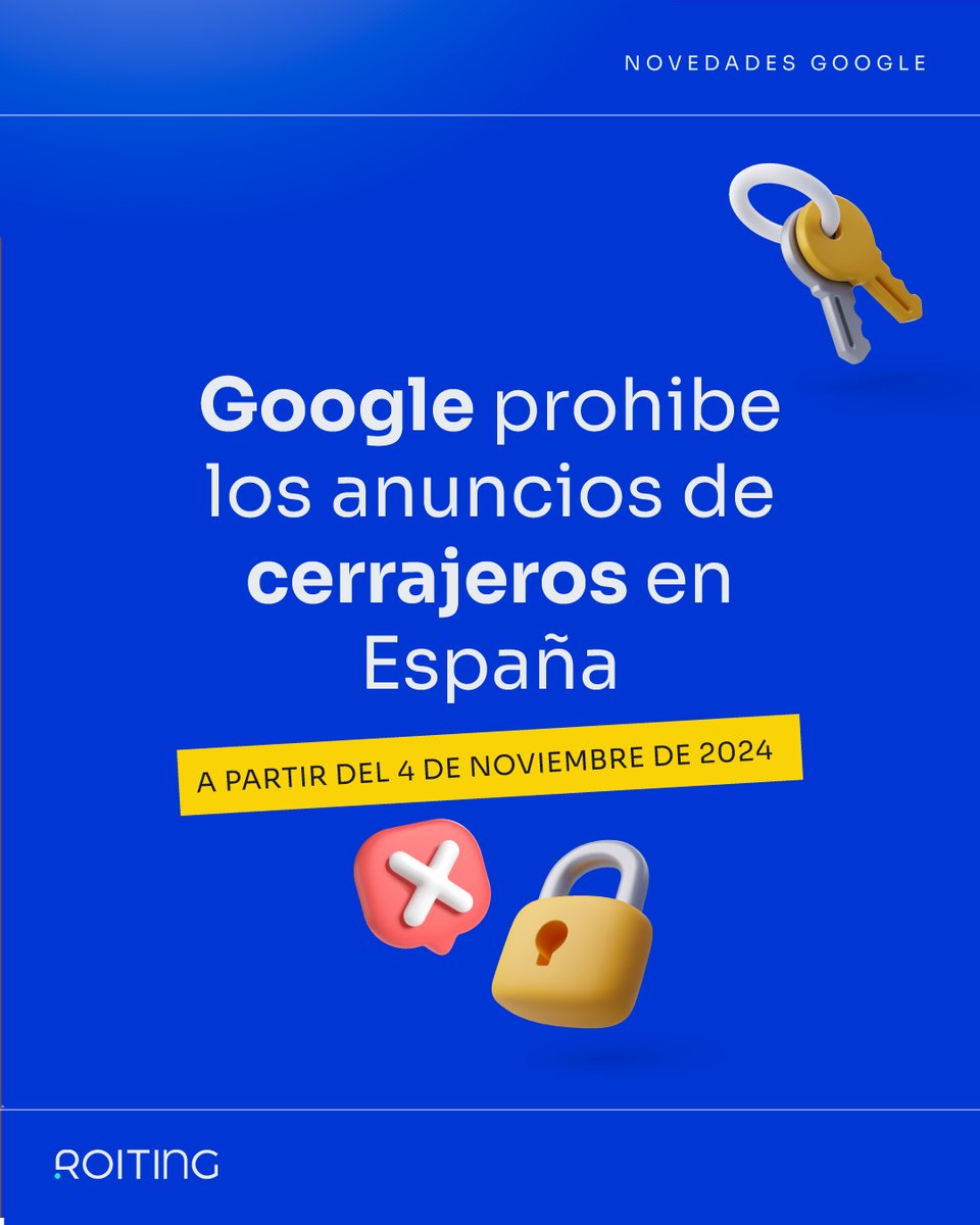 roiting's tweet image. 🚫 Google elimina los anuncios de cerrajeros en su plataforma para proteger a los consumidores y combatir fraudes. 🔐

¿El objetivo? Mayor seguridad y transparencia. Los cerrajeros deberán buscar nuevas formas de ganar la confianza del público.