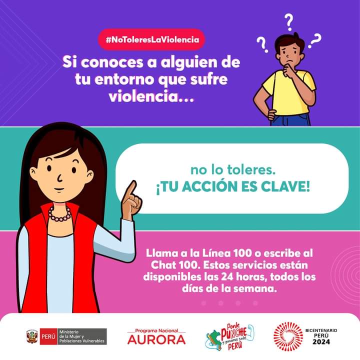 MimpPeru's tweet photo. 📣 ¡𝗧𝘂 𝗮𝗰𝗰𝗶𝗼́𝗻 𝗲𝘀 𝗰𝗹𝗮𝘃𝗲, #NoToleresLaViolencia!
Todas y todos podemos actuar frente a un hecho de violencia contra las mujeres e integrantes del grupo familiar. Llama a la #Línea100 o escribe al #Chat100.
🔴Estos servicios son gratuitos y están disponibles las 24 horas del día para orientarte sobre qué hacer ante una situación de violencia. 🚨🤝
💪🙋♀️🙋 Comparte esta información. #ProgramaNacionalAurora