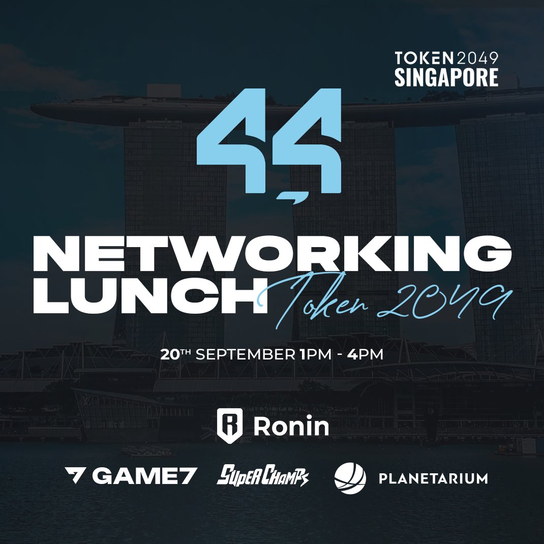 We are excited to host an intimate networking lunch during Token2049 in Singapore 🇸🇬

Can't wait to gather the brightest minds in gaming once again!

We appreciate our sponsors: <a href="/Jihoz_Axie/">Jihoz.ron</a>, <a href="/Ronin_Network/">Ronin</a>, <a href="/planetariumhq/">Planetarium</a>, @G7_DAO, and <a href="/SuperChampsHQ/">Super Champs</a>!