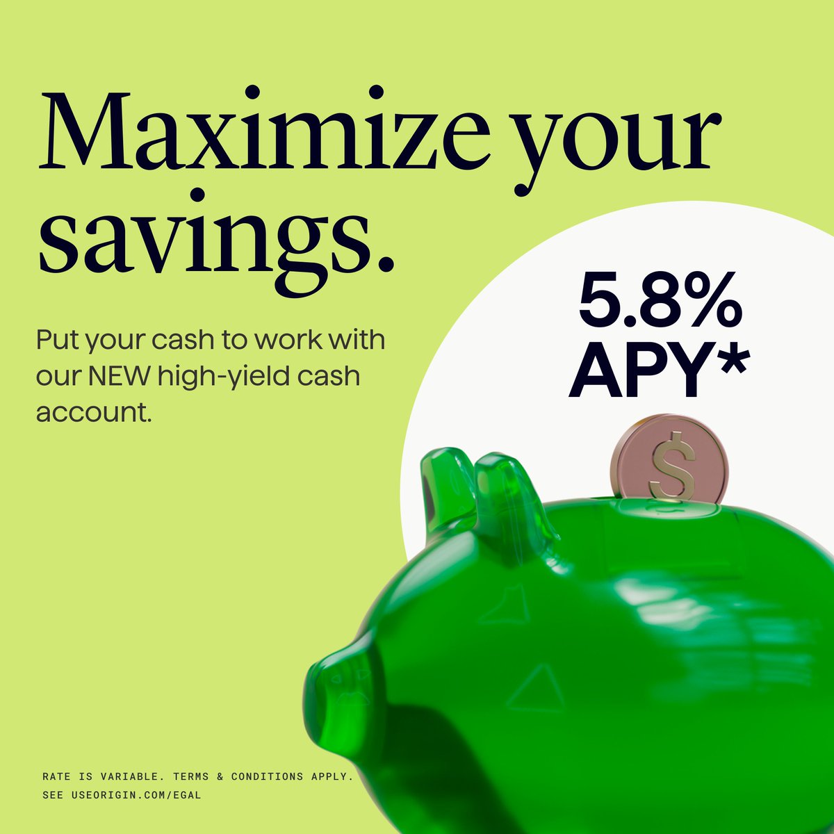 useorigin's tweet photo. We’re giving members a high-yield cash account because we want to make this first wealth-building step a no-brainer, and remove any obstacles to putting your money to work. 

And we’re launching with a promotional 5.8% APY* for new account holders, because that’s how much we believe in the power of maximizing your money.

*(The Cash Management Account promotional (APY) is 5.8% as of September 4, 2024. Promotional APY is variable and subject to change at any time without notice.  No minimum opening deposit or minimum balance is required.)