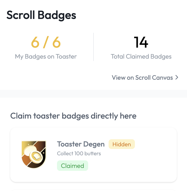 toasterfinance's tweet photo. How many @Scroll_ZKP badges have you collected?
Did you claim all the badges from @toasterfinance?

Check the badges you've claimed on Toaster, and claim the exclusive hidden DEGEN badge only available on Toaster!

👉 https://t.co/fo8Ai4jswY