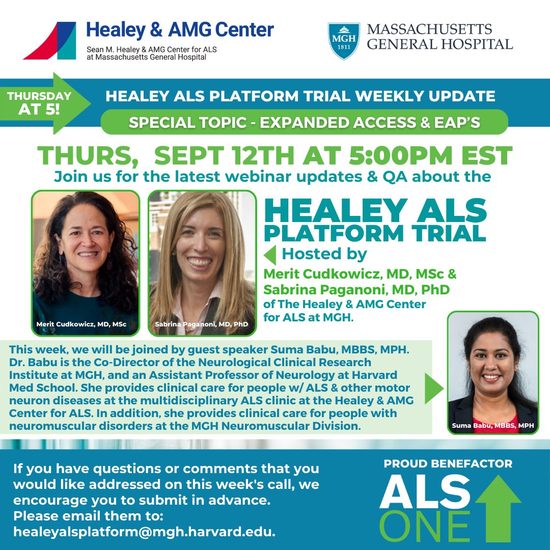 alsone_official's tweet image. The Healey #ALSPlatformTrial wkly web series is back! Join us this Thurs, 9/12 at 5pmEST w/hosts @MeritCudkowicz &amp;amp; @PaganoniMDPhD of @MGHNeurology for the latest updates &amp;amp; stay for a special feature on #ALS EA &amp;amp; EAP's w/Dr Suma Babu also of MGH.  Reg: bit.ly/3KKsme2.