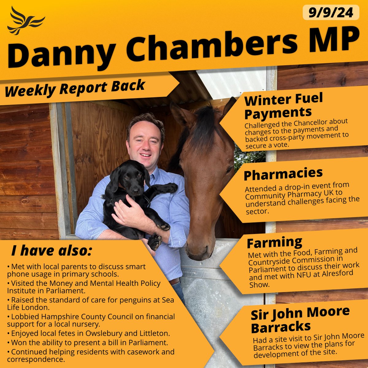 DannyVet's tweet photo. Been a very busy week - fighting the cuts to the Winter Fuel Allowance, standing up for local pharmacies, meeting Farmers and the NFU at Alresford Show, attended Littleton and Owslebury show, and responded to dozens of emails from constituents. https://t.co/BDOYjpvBBQ